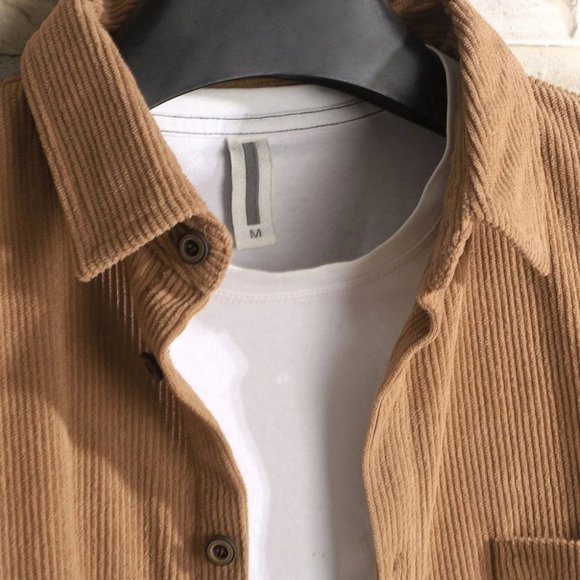 Casual Khaki Corduroy Men's Solid Shirt - Picture 5 of 9